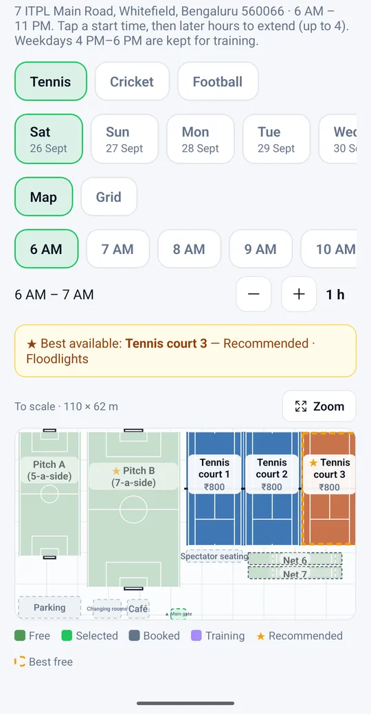 Member app booking screen with a to-scale floor plan of pitches and tennis courts, recommending tennis court 3
