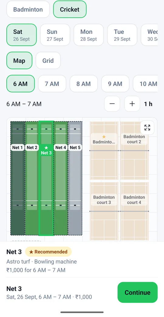Member app selecting cricket net 3 on the floor plan, marked Recommended, with its price