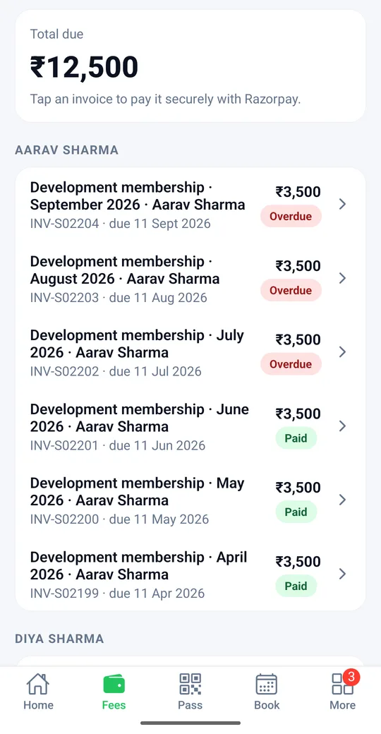 Member app fees screen listing monthly invoices marked overdue or paid