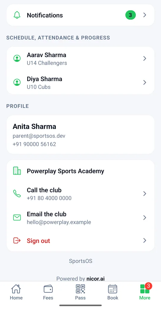 Member app More screen with notifications, children's schedules and progress, and club contact details
