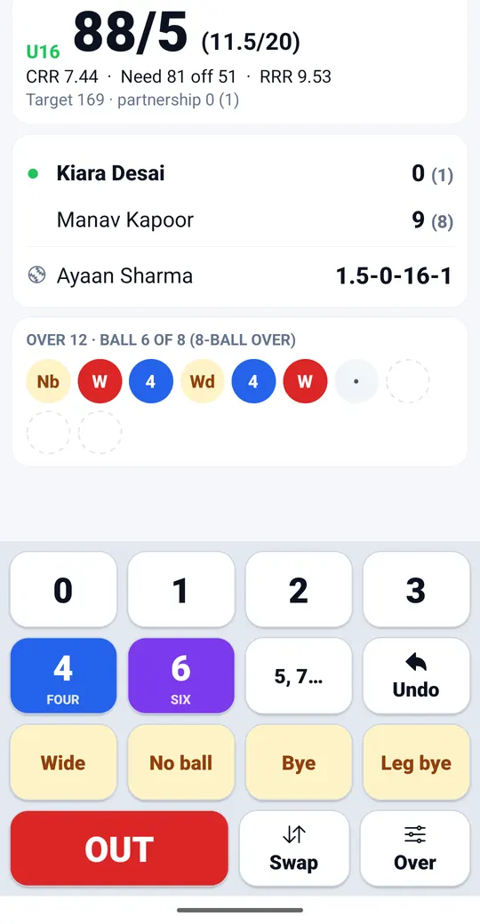 Scorer app during an 8-ball over, showing ball 6 of 8