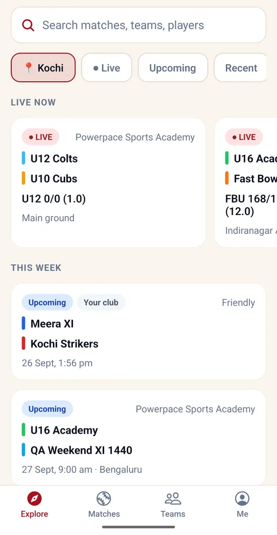 Scorer app Explore tab with search, city filter, live matches and this week's fixtures