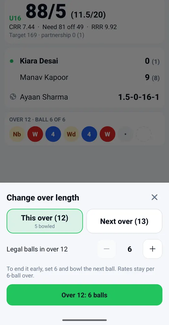 Change over length sheet to set the legal balls for this over or the next one