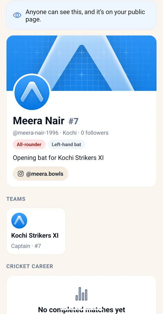 Player profile with a cover photo, jersey number, playing role, batting style, Instagram link and teams