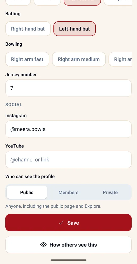 Profile editor with batting and bowling style, jersey number, Instagram and YouTube, and who can see the profile