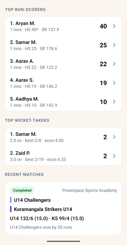 Team page with top run-scorers, top wicket-takers and recent matches