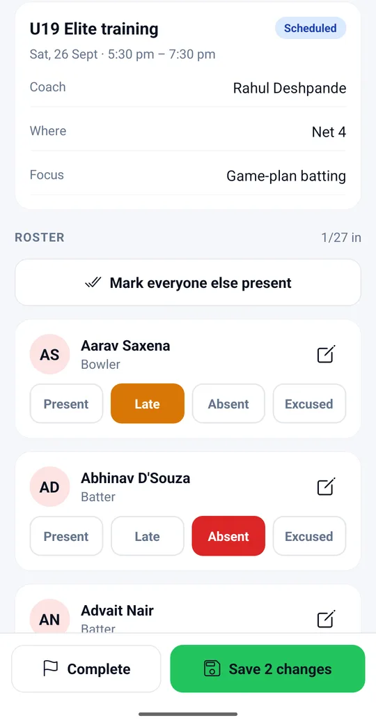 Staff app session roster with Present, Late, Absent and Excused buttons for each player