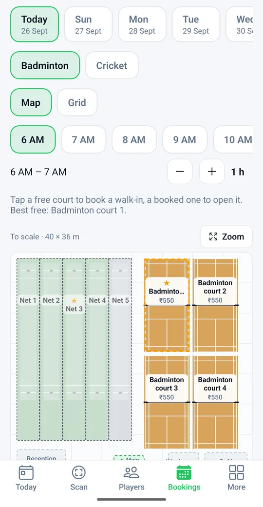 Staff app bookings view with the facility floor plan of cricket nets and badminton courts