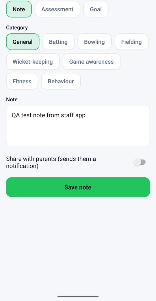 Staff app adding a note to a player by category, with a share with parents switch