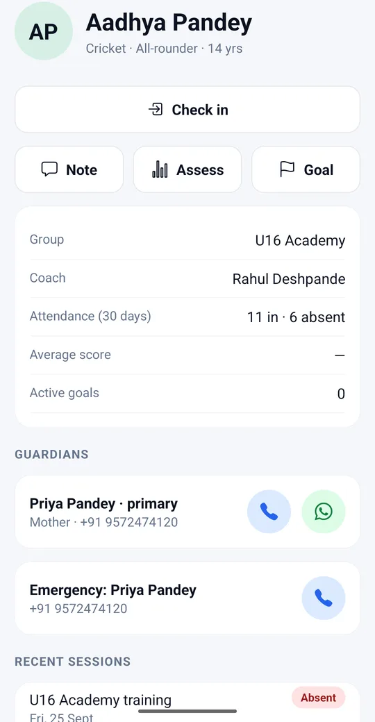 Staff app player profile with check-in, note, assessment and goal actions, attendance and guardian contacts