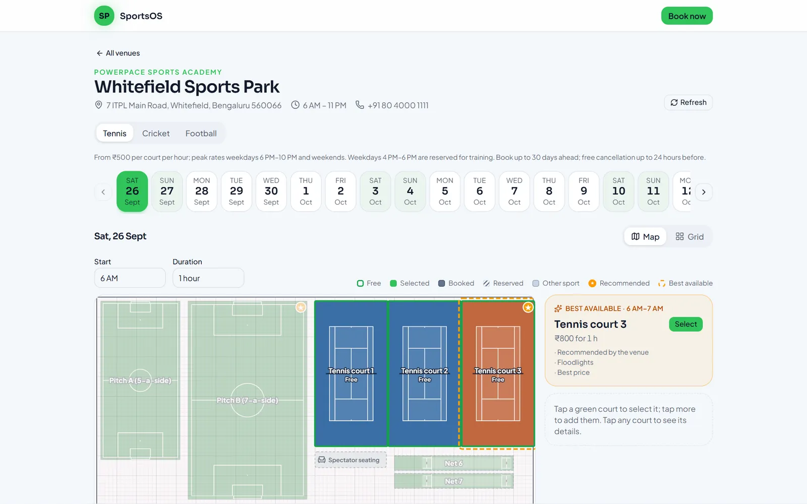 Public booking page with a to-scale floor plan of football pitches, tennis courts and cricket nets, recommending tennis court 3
