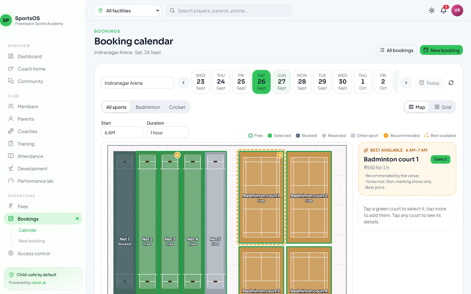 Staff booking calendar with the Indiranagar floor plan of cricket nets and badminton courts