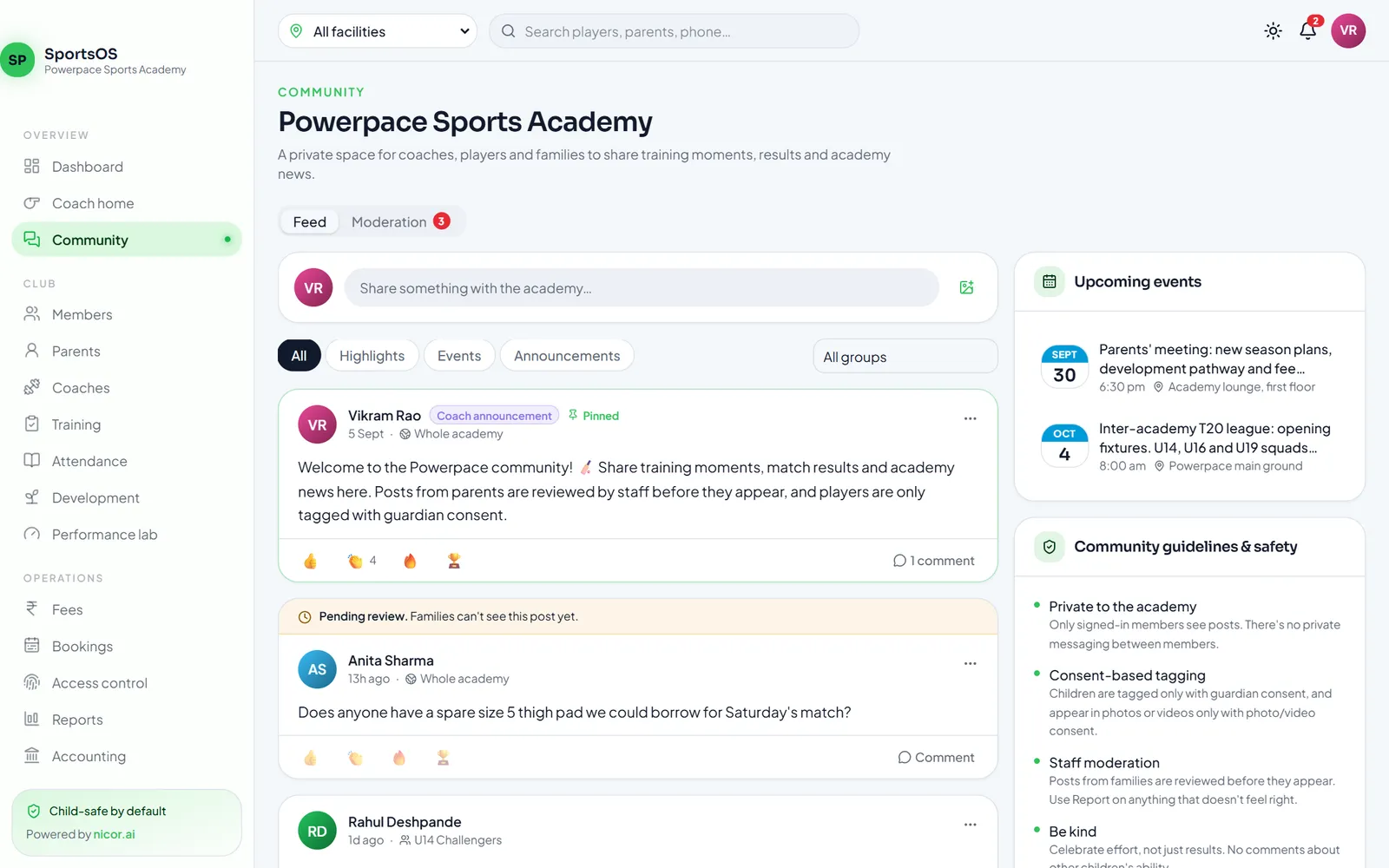 Community feed where a parent's post waits for staff review before families can see it, next to the community guidelines
