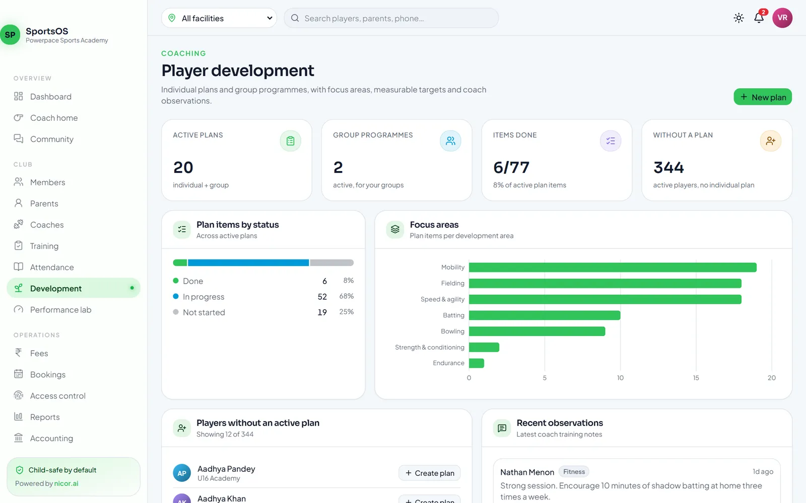 Player development dashboard with active plans, group programmes, focus areas and recent coach observations