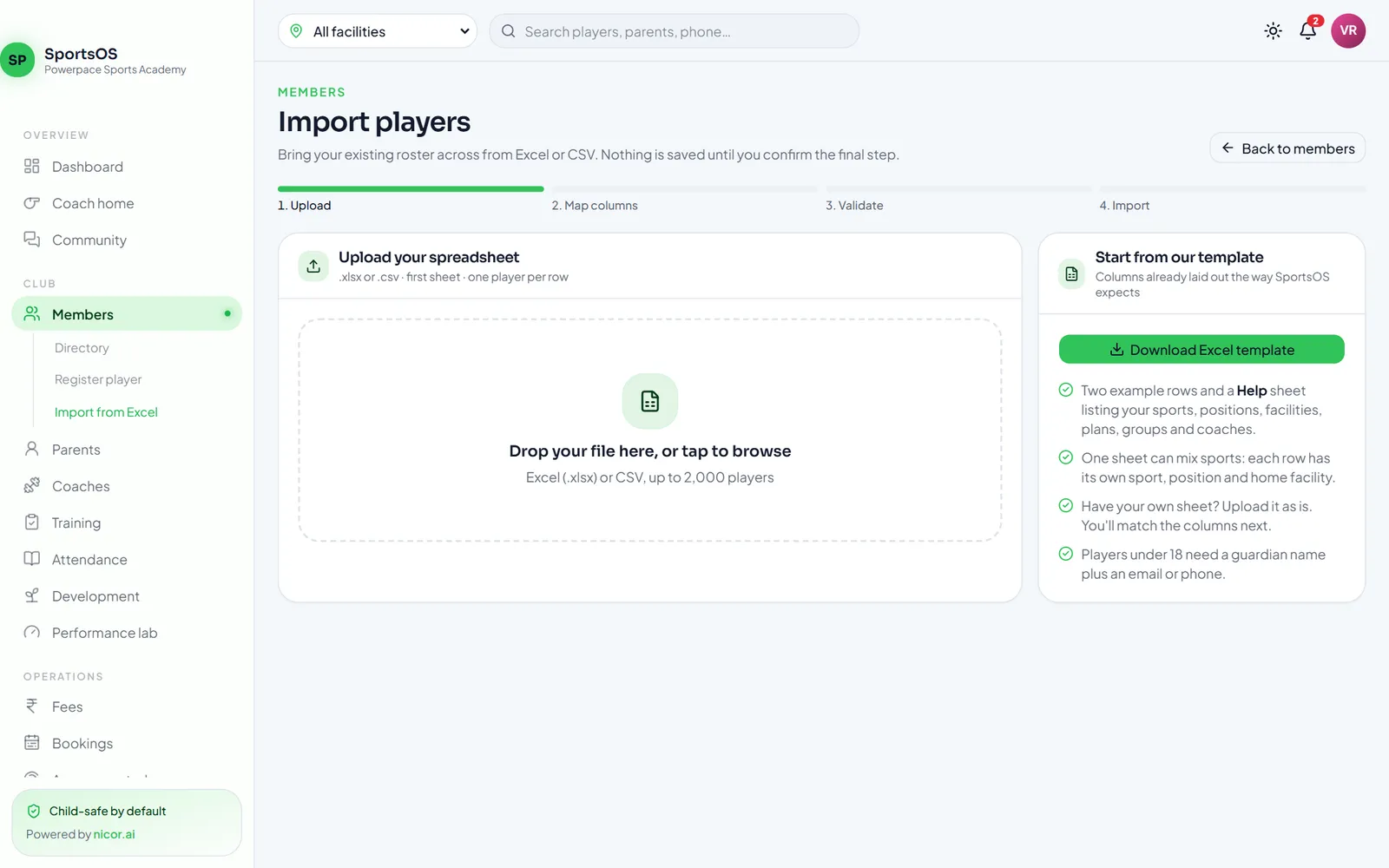 Import players from Excel: upload, map columns, validate and import steps with a template download