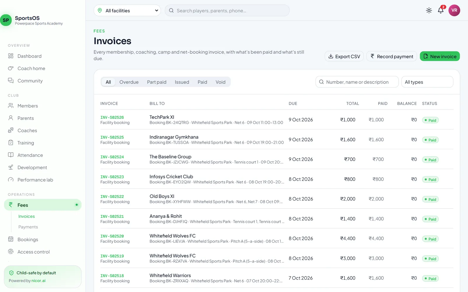 Invoice list with status filters, balances and facility booking invoices