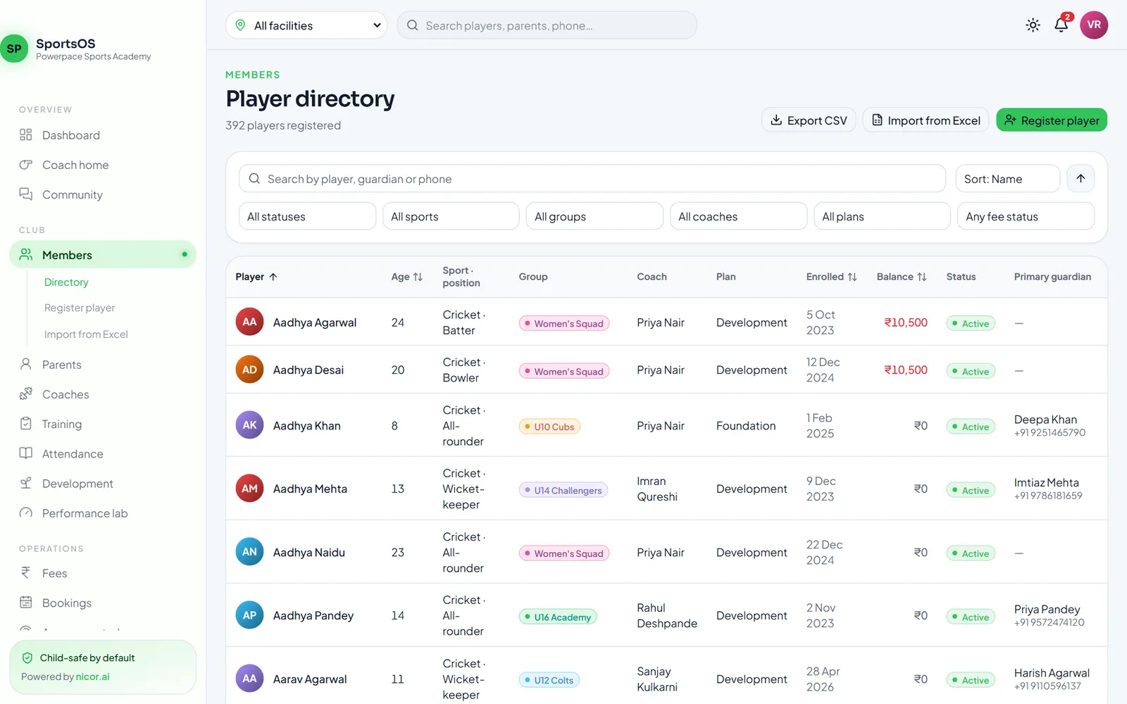 Player directory with sport, position, group, coach, plan, balance and status for each player